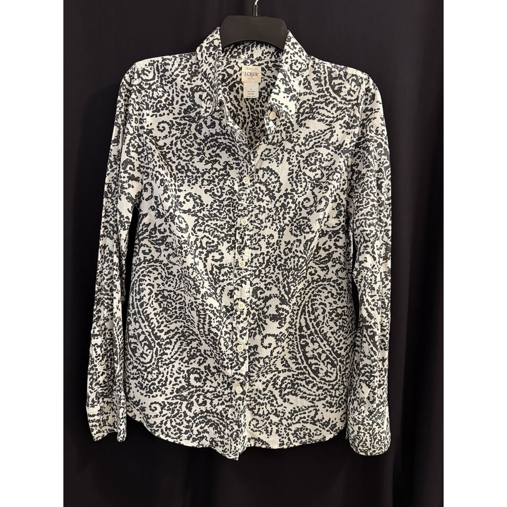 J.CREW Women's Blouse S Black & White Paisley Collared Long Sleeve Cotton Button